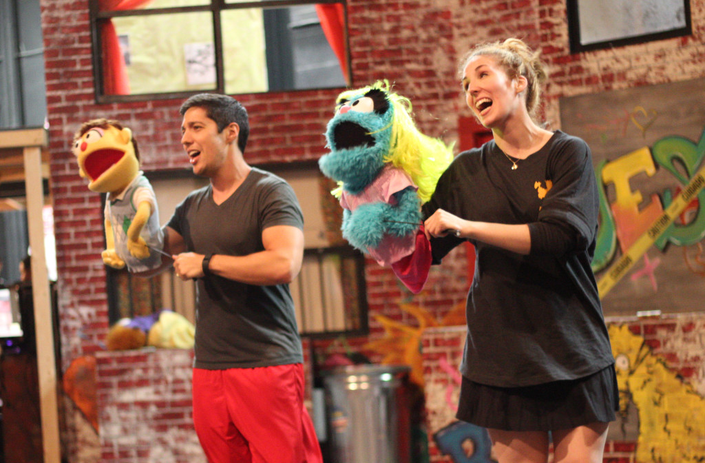 Nick Arapoglou and Molly Coyne during a rehearsal of Avenue Q at the Conant Performing Arts Center.